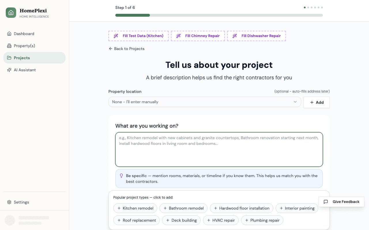 Project creation wizard